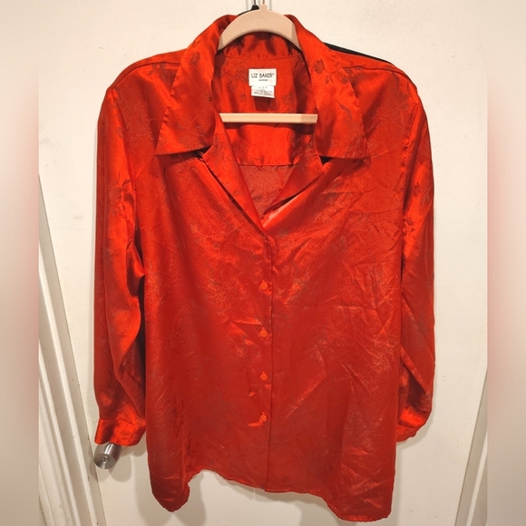 Liz Baker Floral Red Satin Long Sleeve Button Down Shirt Sz 2X Career Casual - Picture 1 of 5